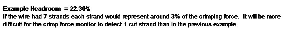 Text Box: Example Headroom  = 22.30% 
If the wire had 7 strands each strand would represent around 3% of the crimping force.  It will be more difficult for the crimp force monitor to detect 1 cut strand than in the previous example.